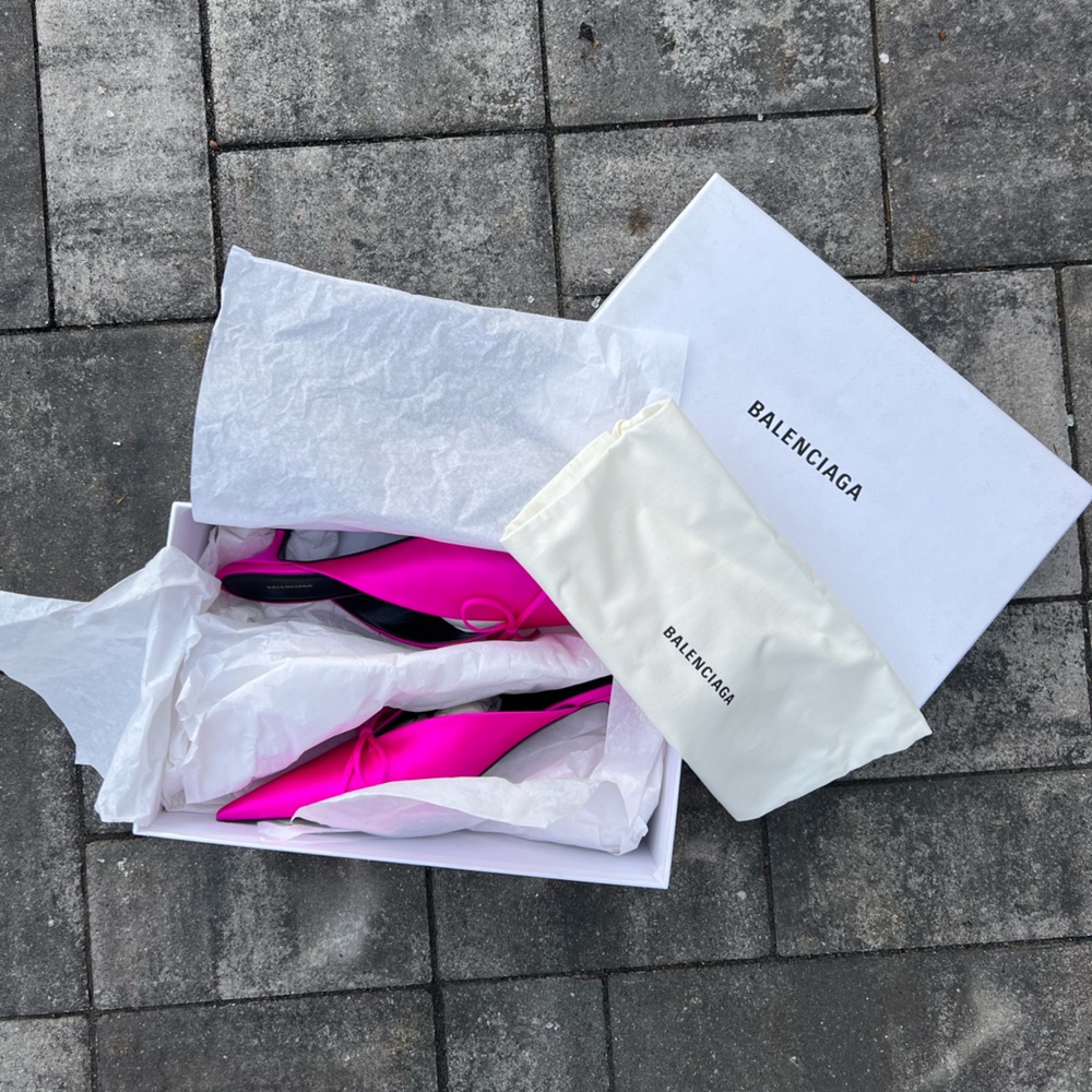 BALENCIAGA Knife Bow Satin Fuchsia Mules - Size 38.5 - NEW - Picture 3 of 17